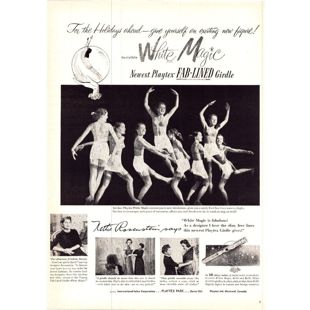 1951 Playtex White Magic FAB-Lined Girdle Vintage Print Ad Ballet Dancers Art